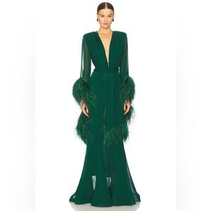 Bronx & Banco DarkGreen Ostrich FeatherEmbellished Geisha Wrap Maxi Dress M NWOT